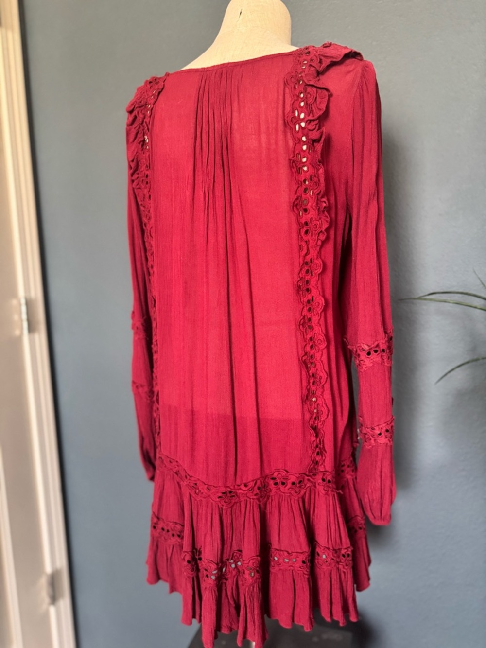 Free People Boho Red Button-Front Ruffled Tunic - Picture 2 of 3
